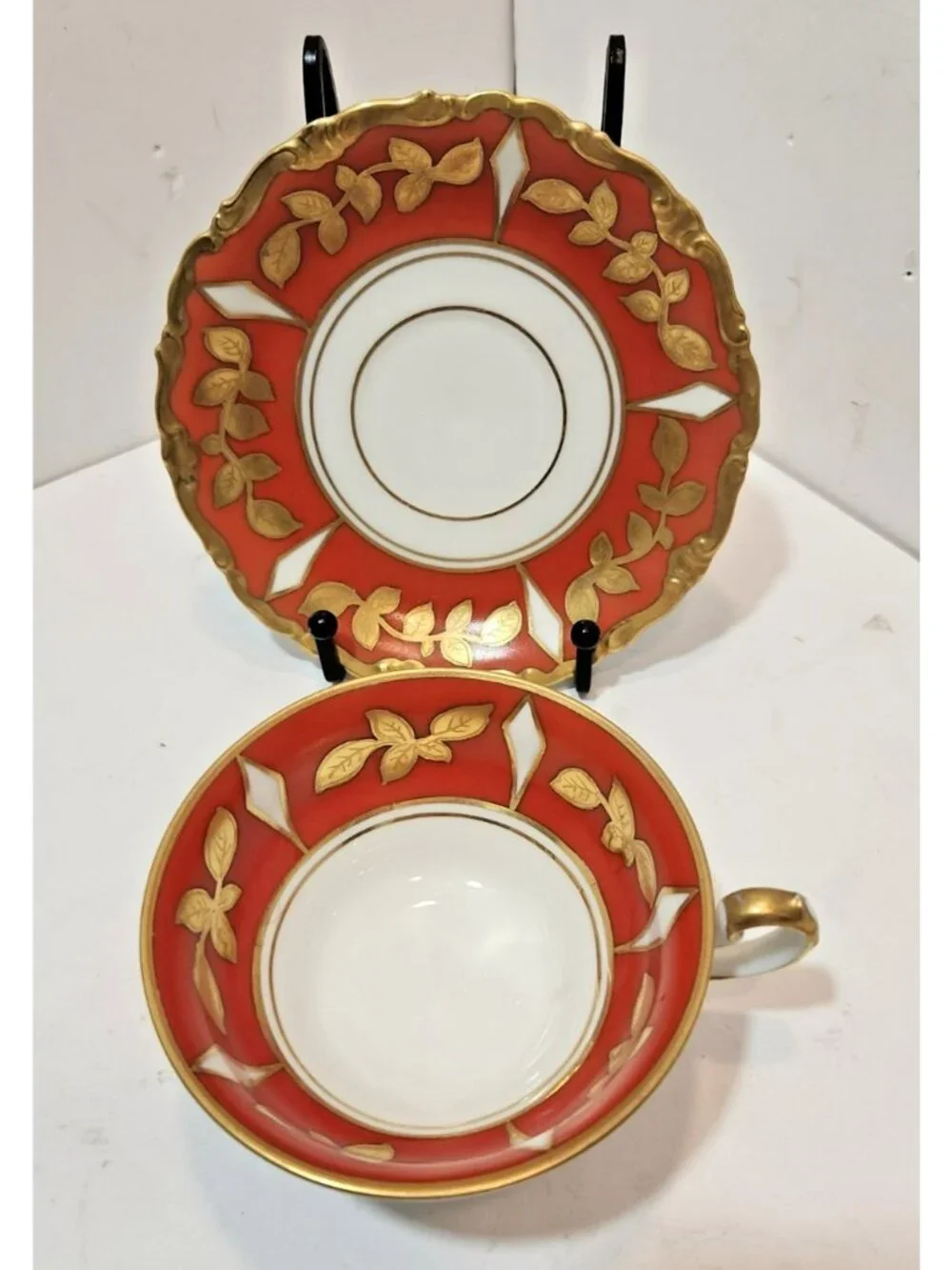 Vintage M Wolf Bavaria Kunst Bone China Teacup & Saucer Orange White Gold